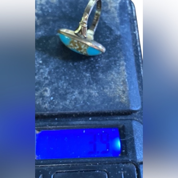 Stamped 14K Gold Mountain Turquoise SZ 7.5 – Oval Cabochon Southwestern Vintage - Picture 3 of 6